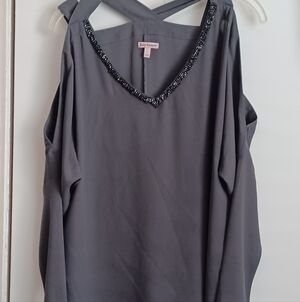 Juicy Couture Womens Slate Grey Peek-a-boo Shoulder & Back Beaded Vneck Top Sz L
